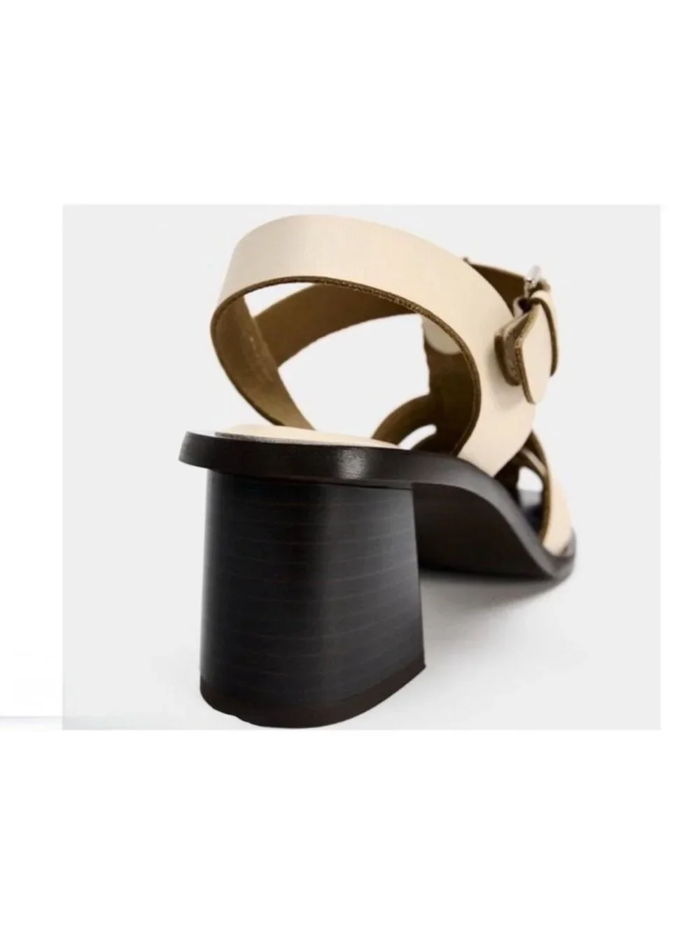 Zara NWOB Leather Cage Sandals Cream Size 6.5 With Block Heel & Buckle - Picture 7 of 7
